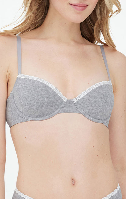 Adorned Demi Cotton Underwire Bra - Heather Gray/Ivory Lace