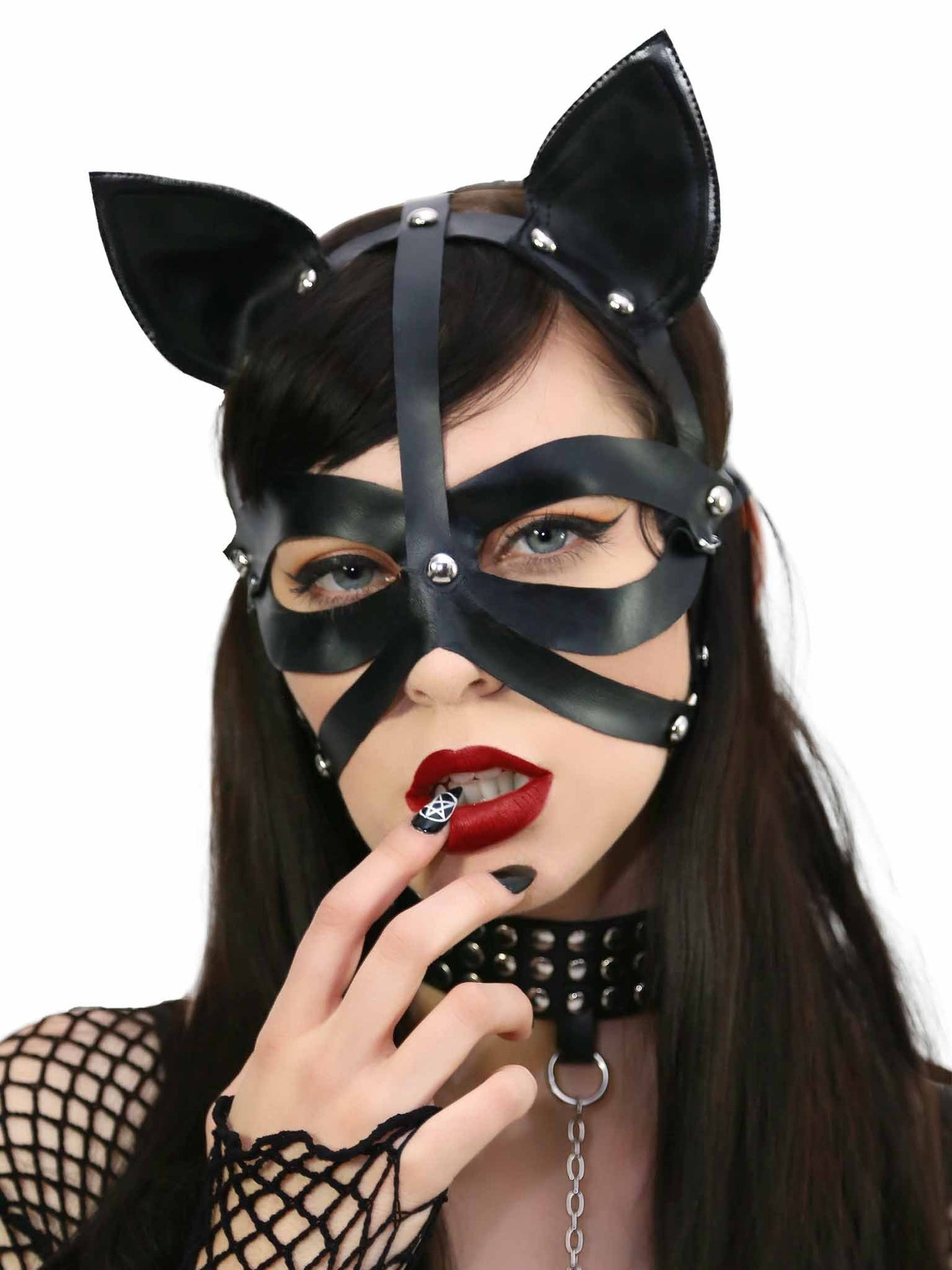 Wet look harness cat mask