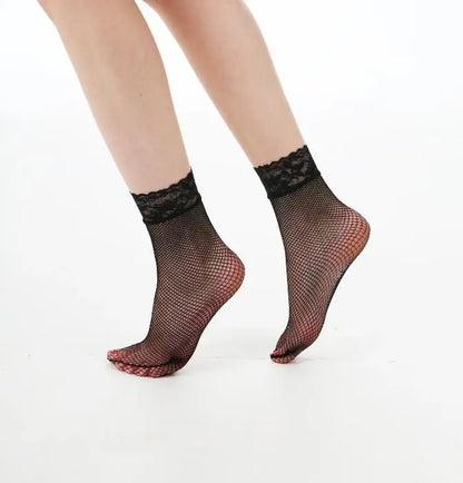 Lace Trim Fishnet Ankle Socks - Black