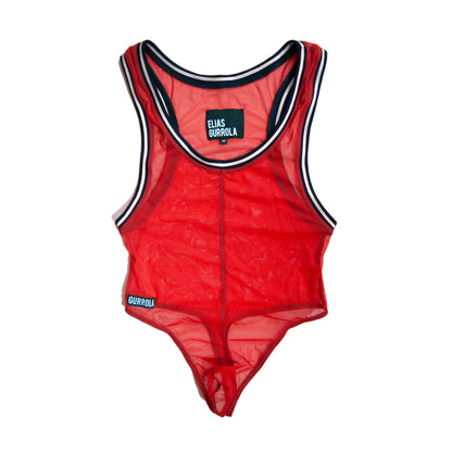 High-Cut Mesh Thong Bodysuit - Ruby Red