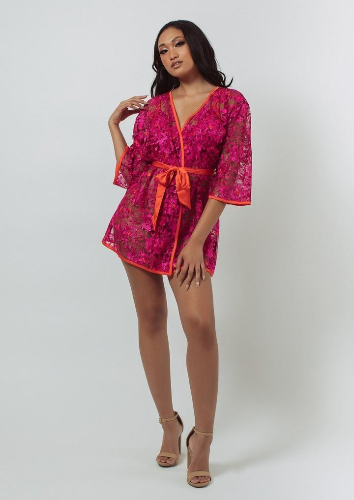 Embroidered Short Robe - Orchid/Cherry Tomato