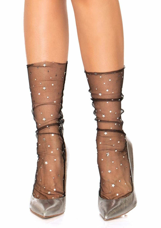 Stars and moons embellished anklet socks - black