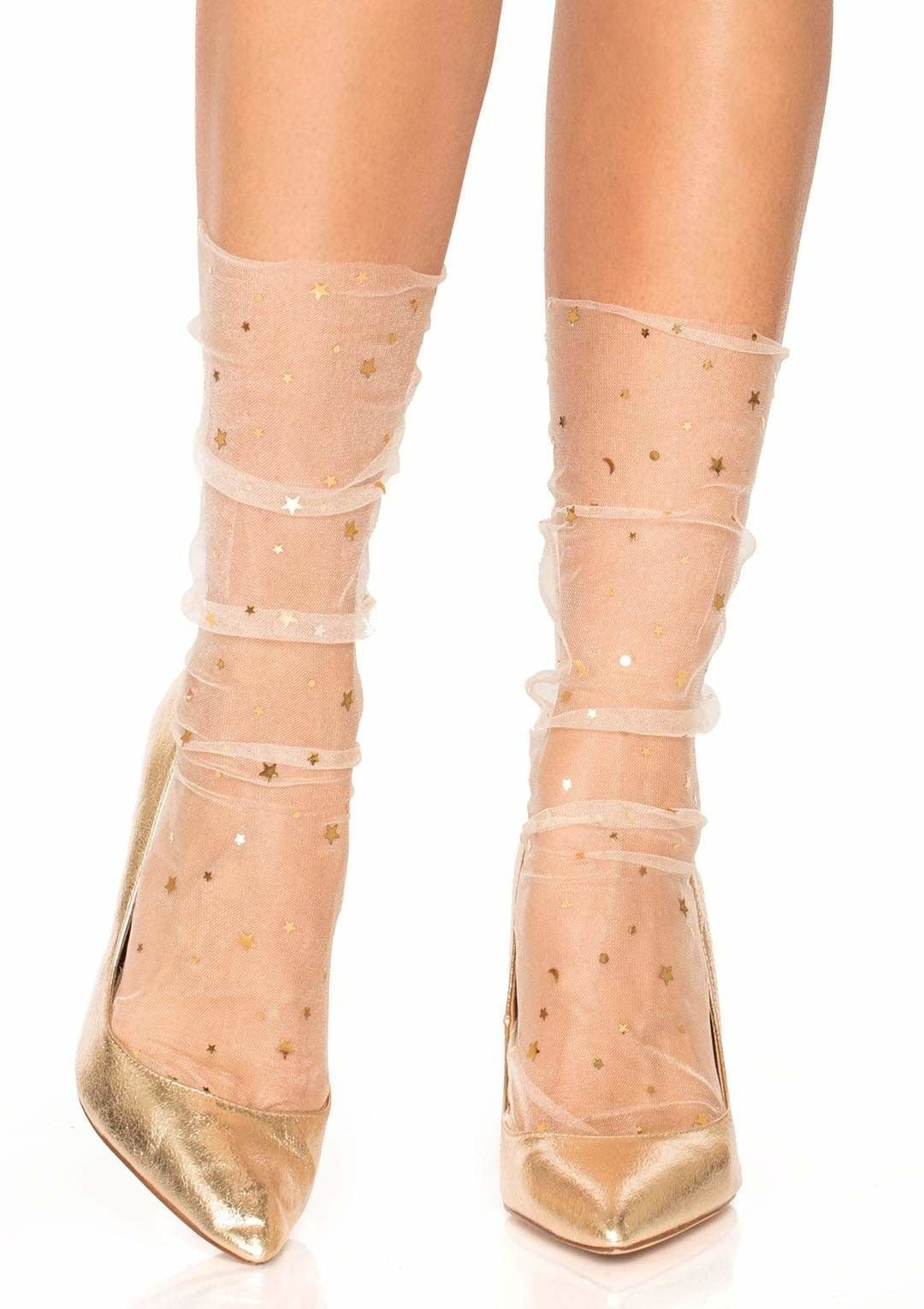 Stars and moons embellished anklet socks - cream