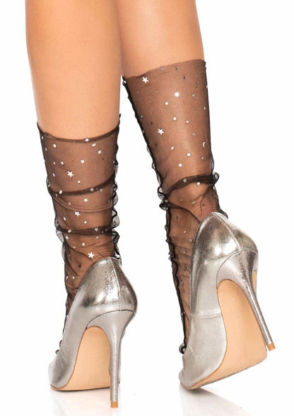 Stars and moons embellished anklet socks - black