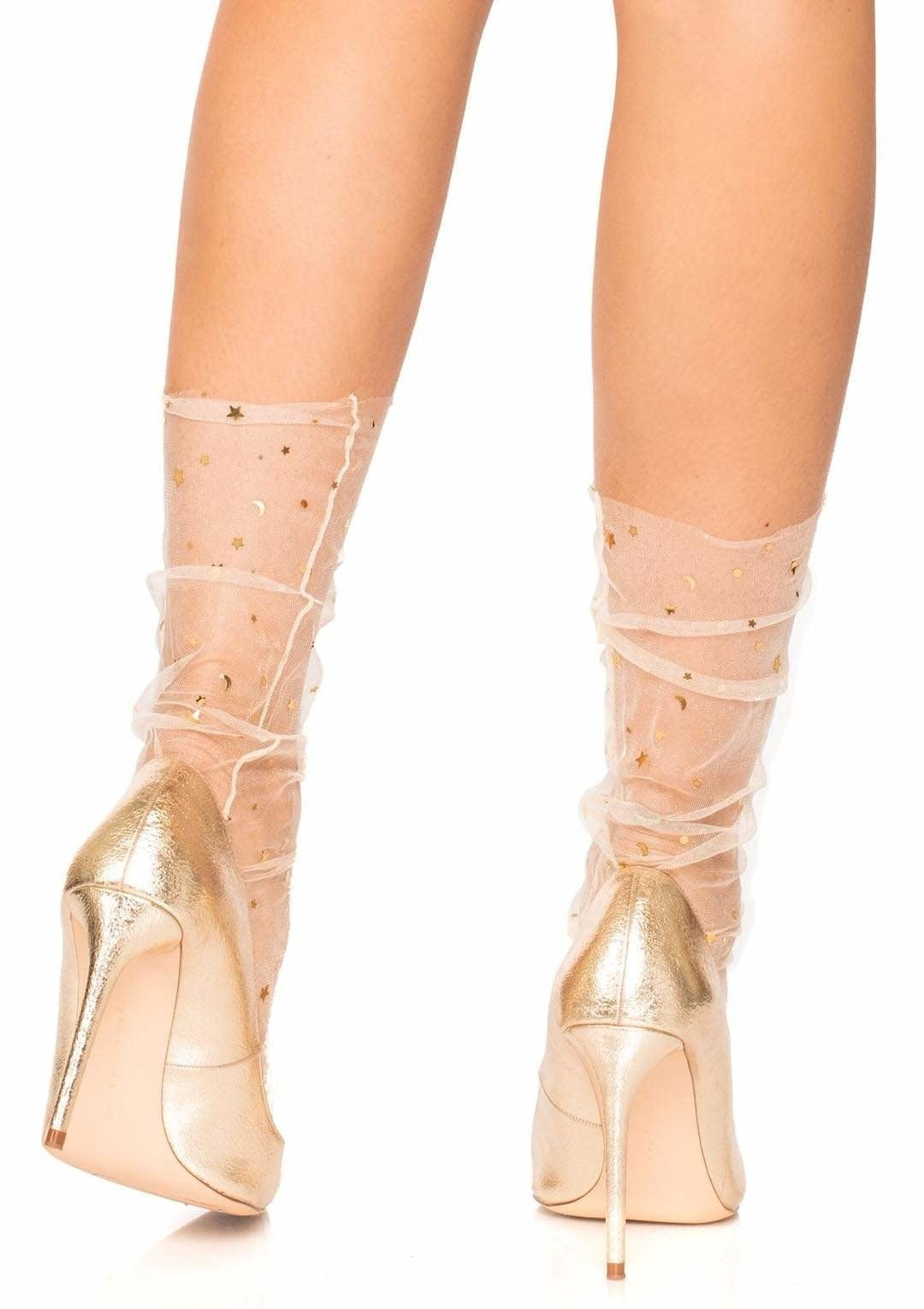 Stars and moons embellished anklet socks - cream