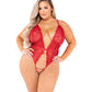 High-Cut Lace Teddy with Crotchless Lace-Up - Red
