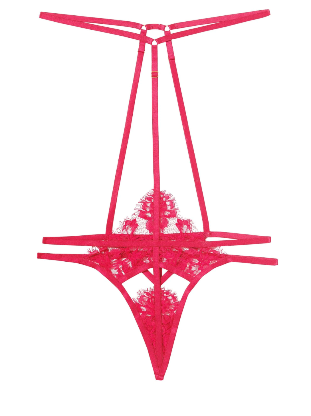 Lace and Strap Harness Brief - Neon Pink